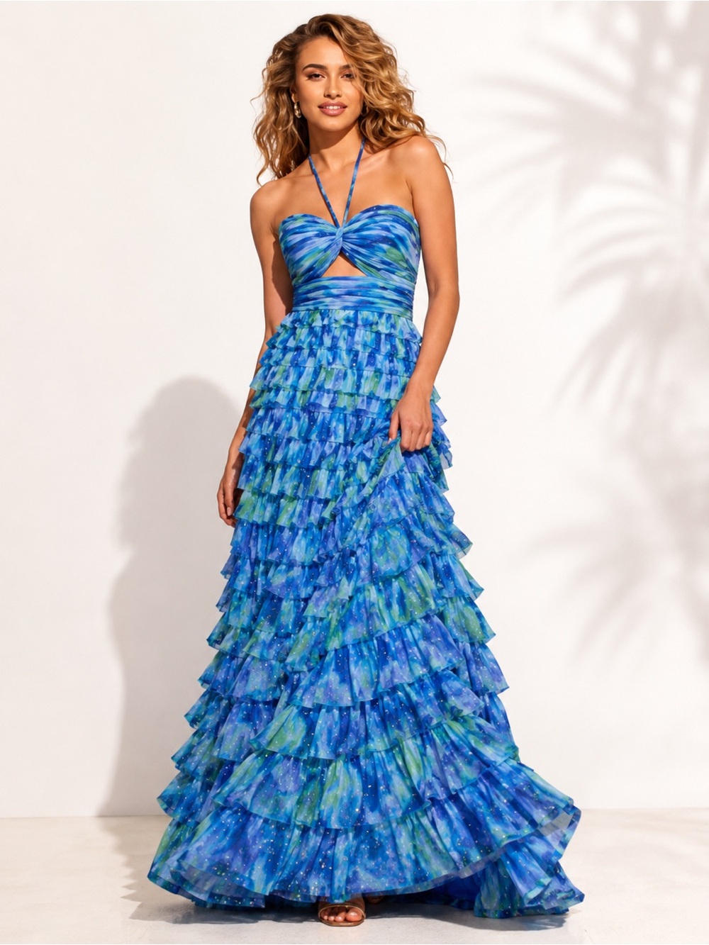 Jovani Aria Royal Multi Watercolor Tier Chiffon Strapless Ball Prom Gown 42182A